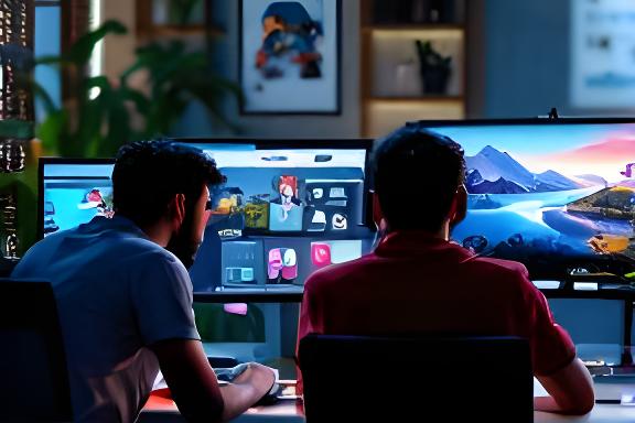 Mobile game development team collaborating on character designs and level layouts on dual monitors